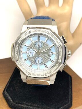 JBW Men's Watch JB-6101L-10B Saxon Swiss Quartz Diamond Blue Dial Leather 48mm